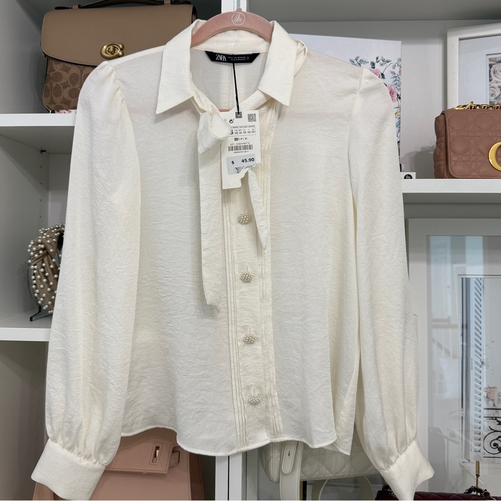 Zara Cream Pearl Button Blouse for Women XS